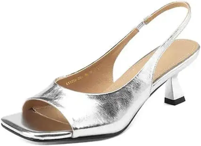 Women's Silver Cow Leather Mules - Peep Toe Thin Heels, Summer Preppy Slingback