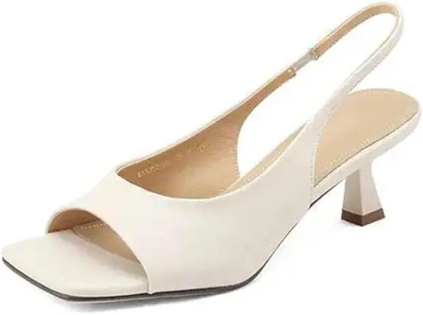 Women's Silver Cow Leather Mules - Peep Toe Thin Heels, Summer Preppy Slingback