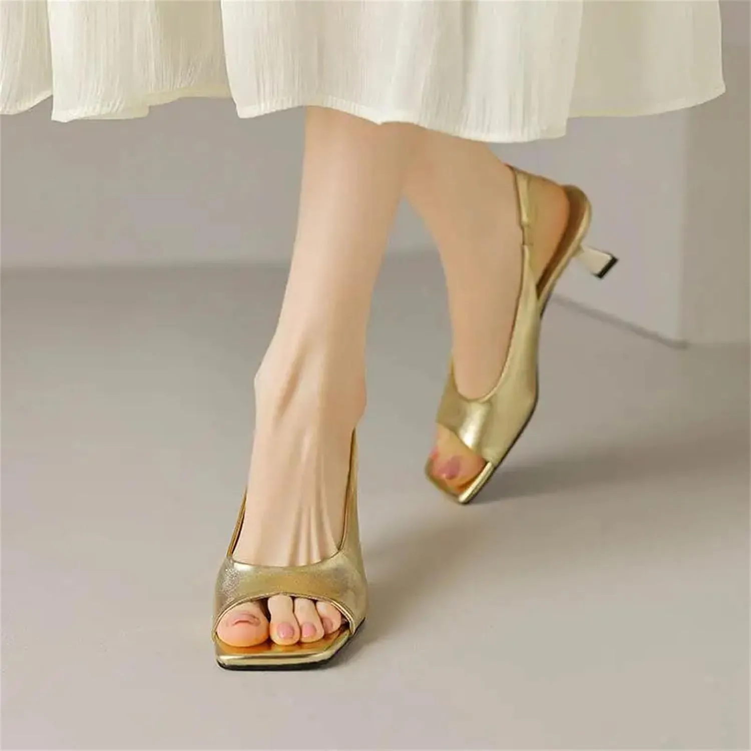 Women's Silver Cow Leather Mules - Peep Toe Thin Heels, Summer Preppy Slingback
