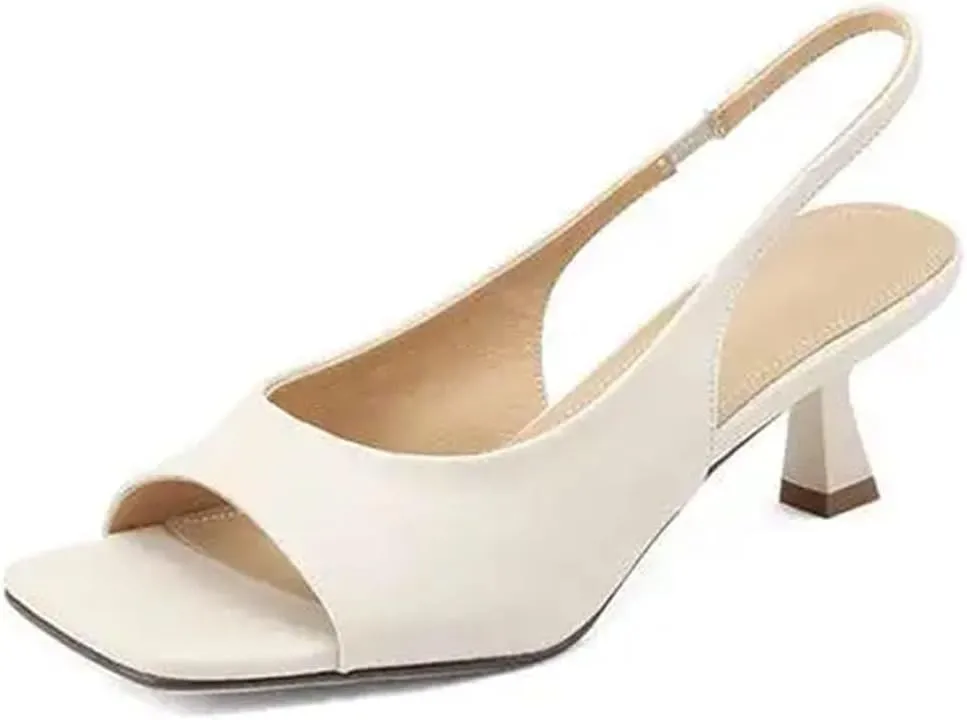Women's Silver Cow Leather Mules - Peep Toe Thin Heels, Summer Preppy Slingback