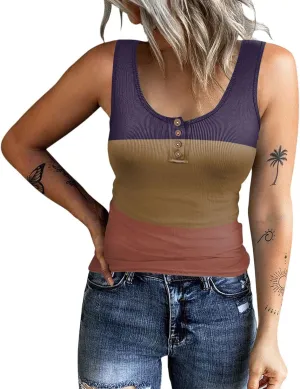 Womens Sleeveless Henley Tank Tops Ribbed Knit Scoop Neck Button Up T Shirts Summer Ombre Slim Fit Tee Tops Stretch