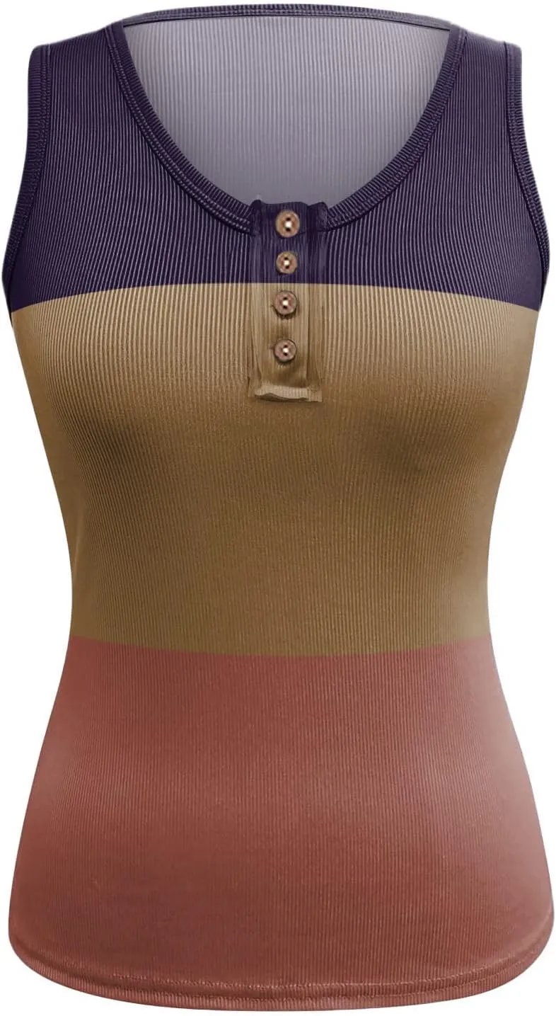 Womens Sleeveless Henley Tank Tops Ribbed Knit Scoop Neck Button Up T Shirts Summer Ombre Slim Fit Tee Tops Stretch