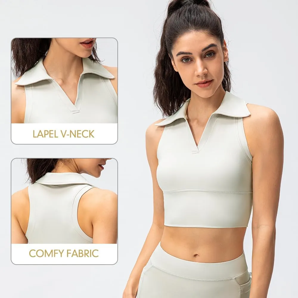 Womens Sleeveless Polo Crop Tops Collar Shirts Workout Crop Tank Tops Cropped Tank Trendy V Neck
