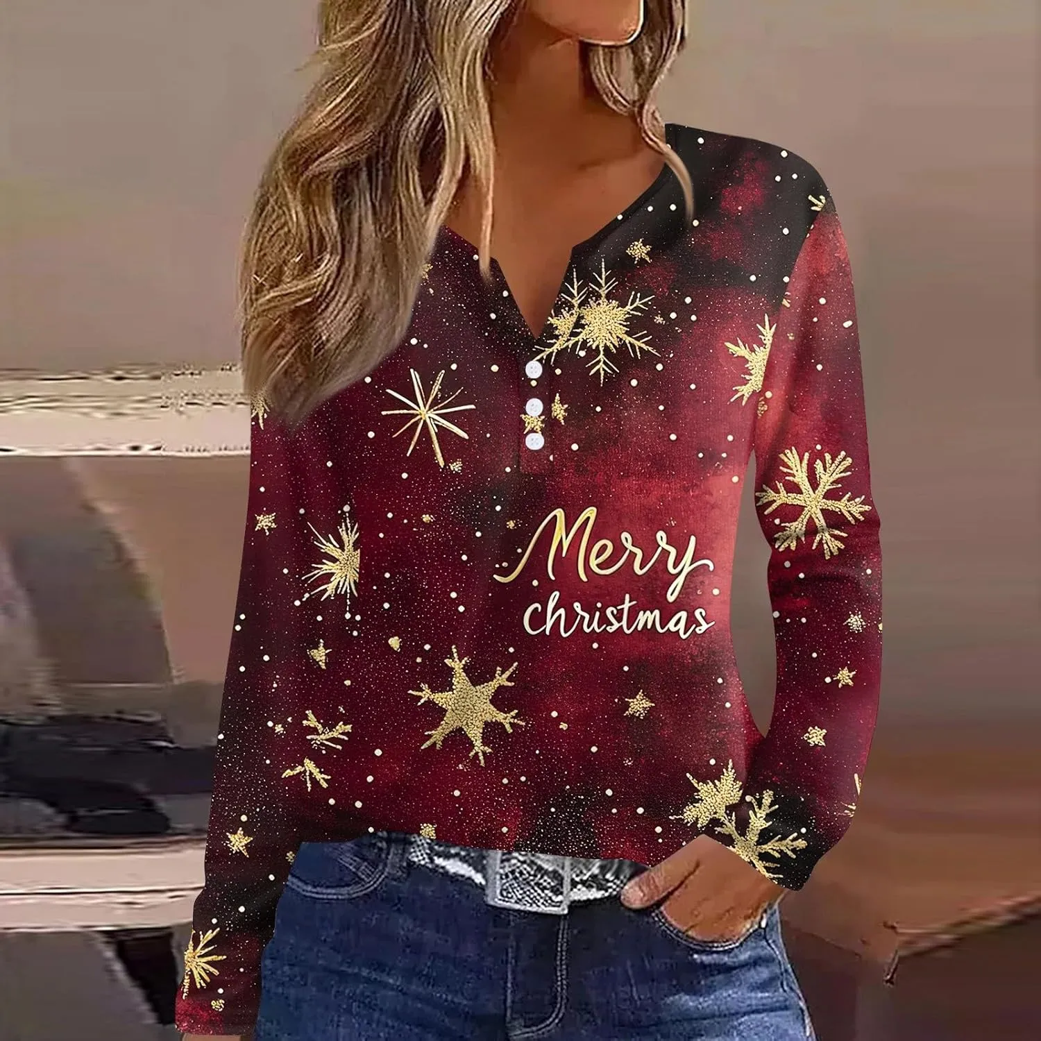 Womens Spring Long Sleeve Tops Button Down Henley V Neck Shirts Dressy Casual Fall Floral Blouses