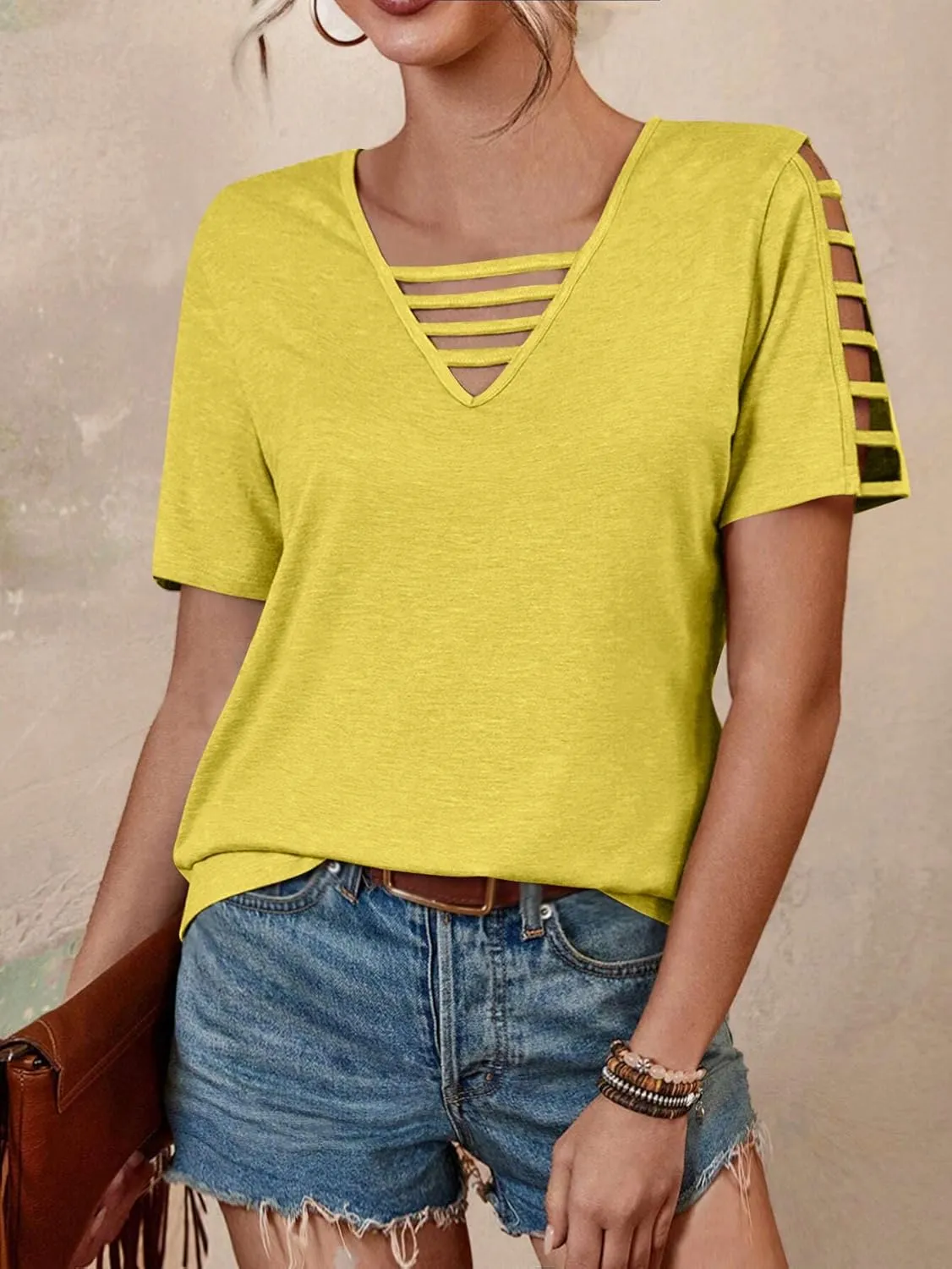Women's Spring V Neck T-Shirt Loose Fit Hollow Out Short Sleeve Casual Summer Basic Tops for 2025 Beach Vacation