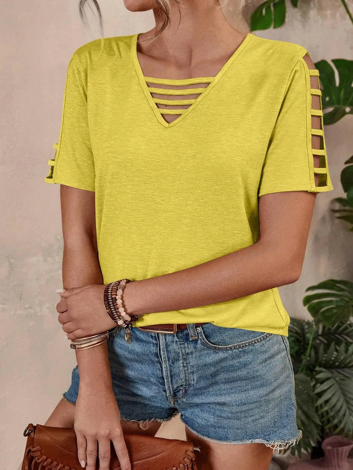 Women's Spring V Neck T-Shirt Loose Fit Hollow Out Short Sleeve Casual Summer Basic Tops for 2025 Beach Vacation