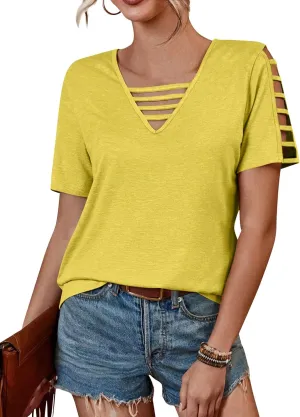 Women's Spring V Neck T-Shirt Loose Fit Hollow Out Short Sleeve Casual Summer Basic Tops for 2025 Beach Vacation