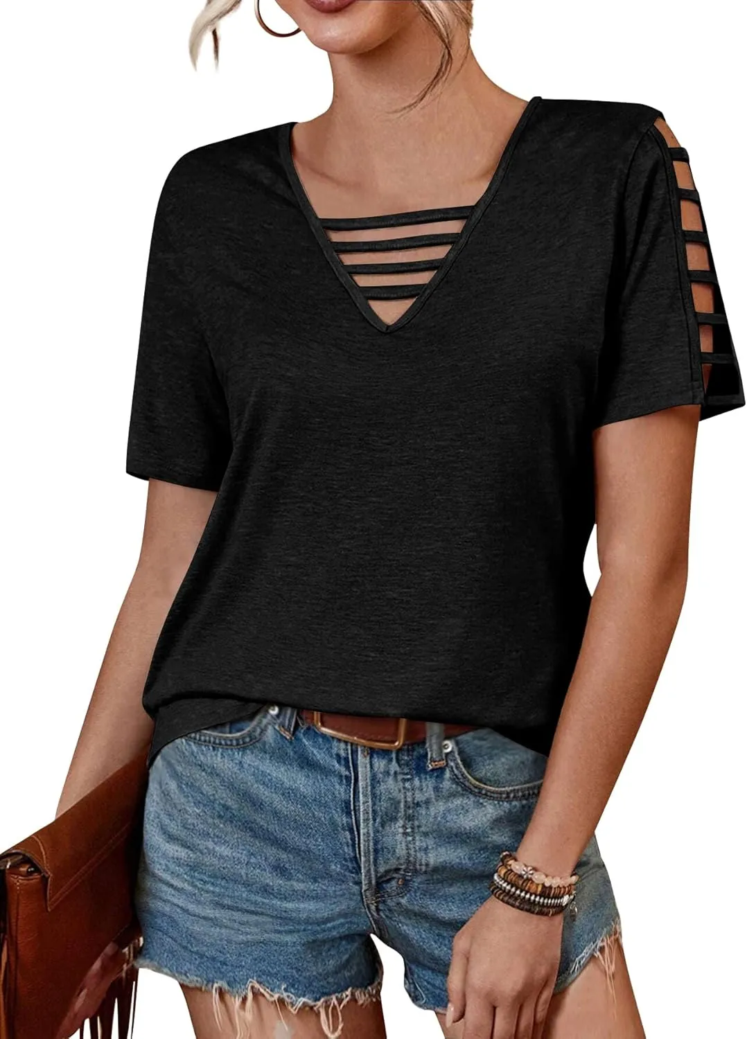 Women's Spring V Neck T-Shirt Loose Fit Hollow Out Short Sleeve Casual Summer Basic Tops for 2025 Beach Vacation