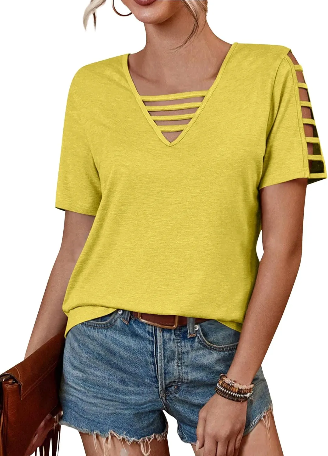 Women's Spring V Neck T-Shirt Loose Fit Hollow Out Short Sleeve Casual Summer Basic Tops for 2025 Beach Vacation