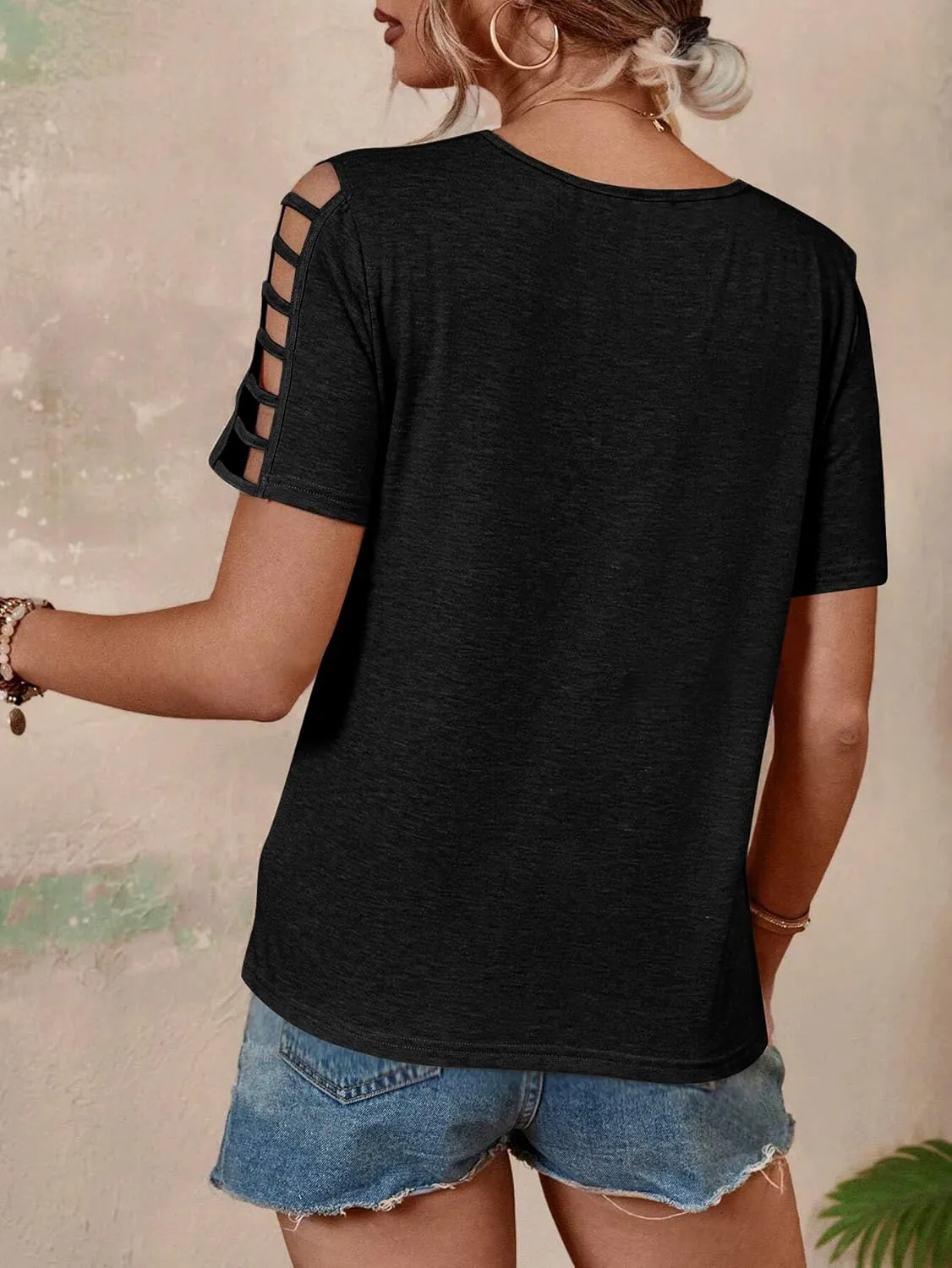 Women's Spring V Neck T-Shirt Loose Fit Hollow Out Short Sleeve Casual Summer Basic Tops for 2025 Beach Vacation