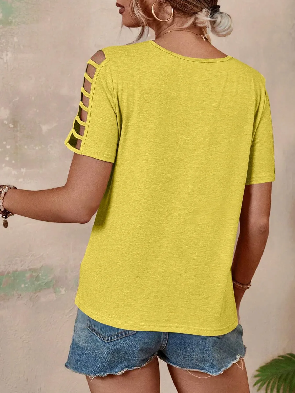 Women's Spring V Neck T-Shirt Loose Fit Hollow Out Short Sleeve Casual Summer Basic Tops for 2025 Beach Vacation