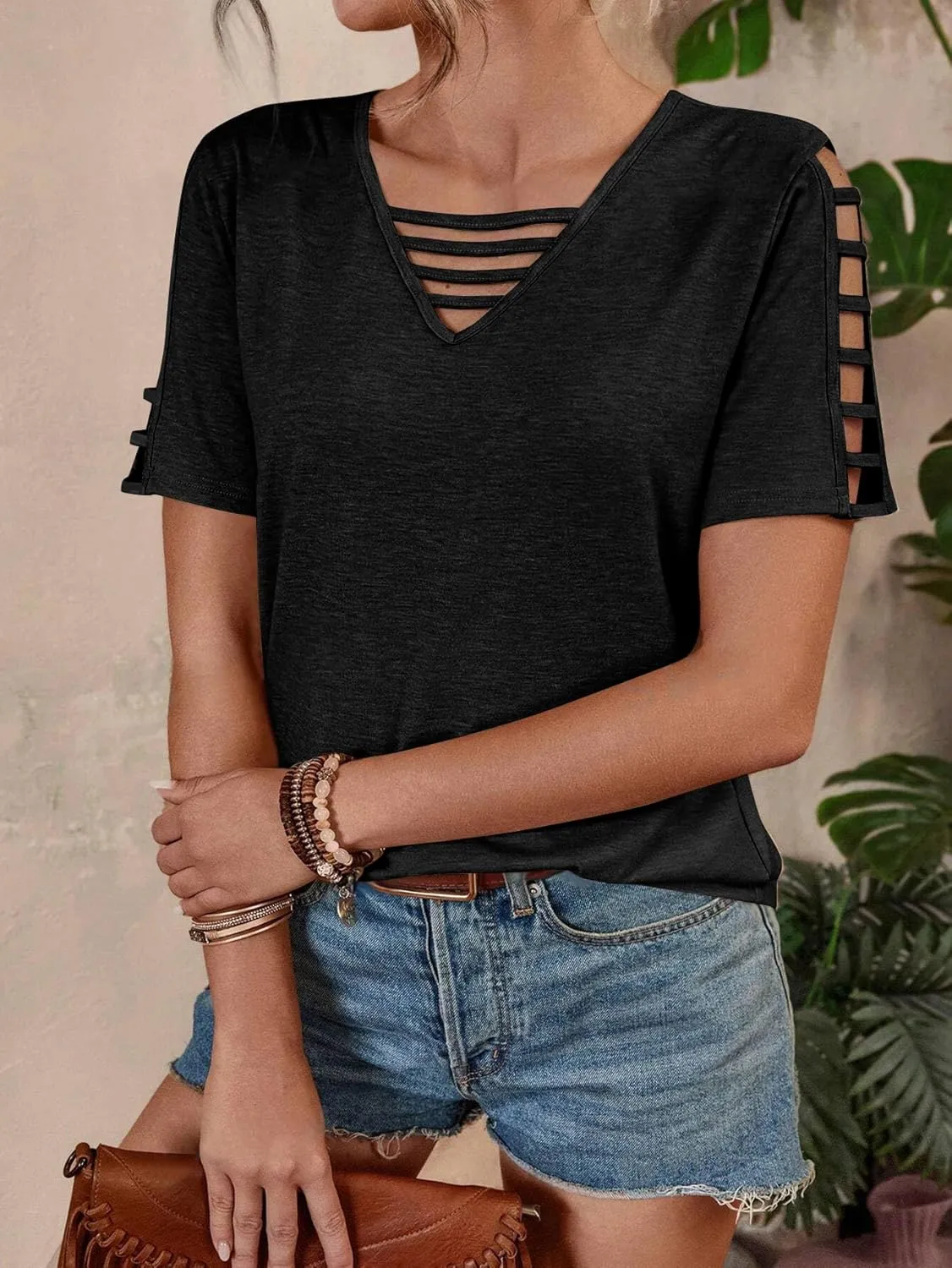 Women's Spring V Neck T-Shirt Loose Fit Hollow Out Short Sleeve Casual Summer Basic Tops for 2025 Beach Vacation