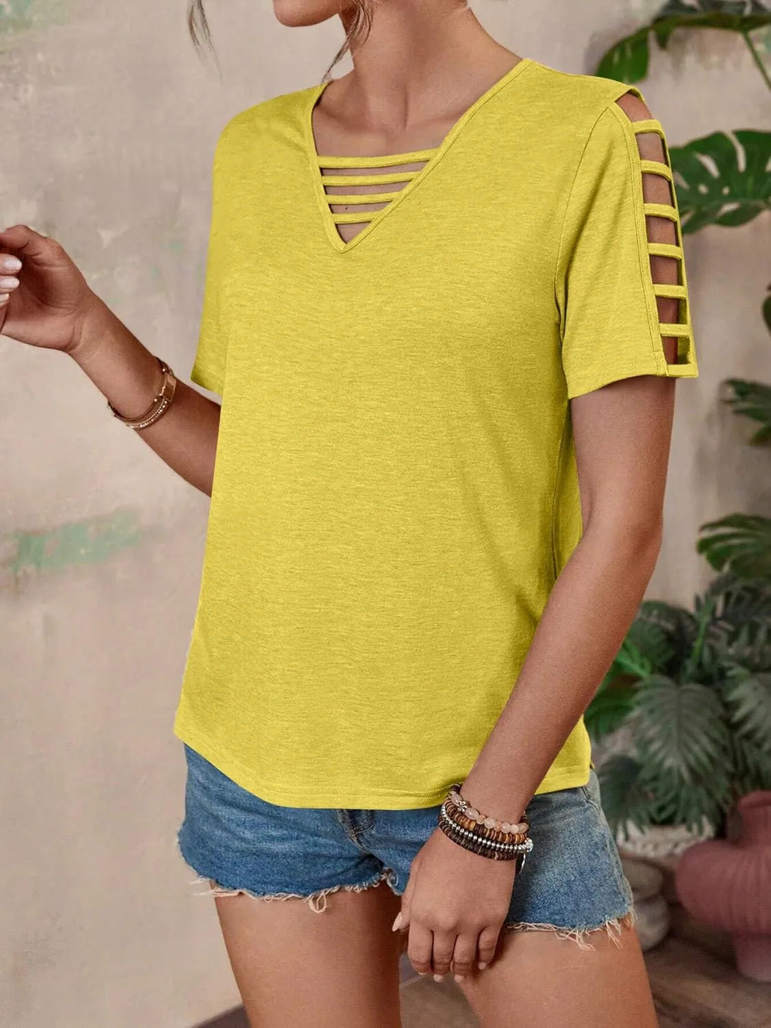Women's Spring V Neck T-Shirt Loose Fit Hollow Out Short Sleeve Casual Summer Basic Tops for 2025 Beach Vacation