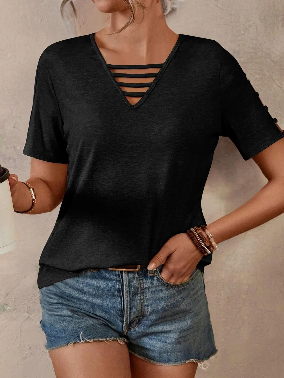 Women's Spring V Neck T-Shirt Loose Fit Hollow Out Short Sleeve Casual Summer Basic Tops for 2025 Beach Vacation