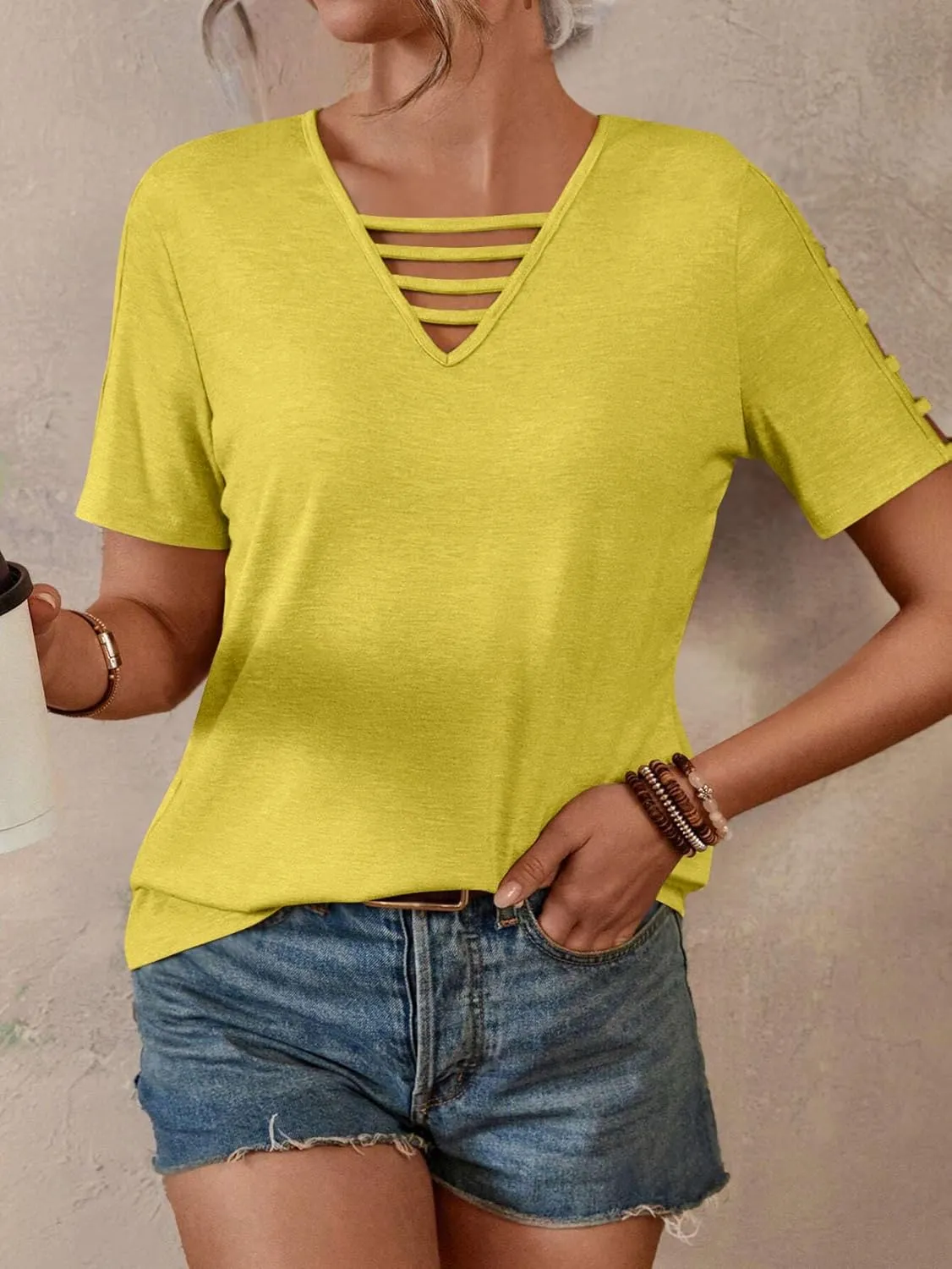 Women's Spring V Neck T-Shirt Loose Fit Hollow Out Short Sleeve Casual Summer Basic Tops for 2025 Beach Vacation