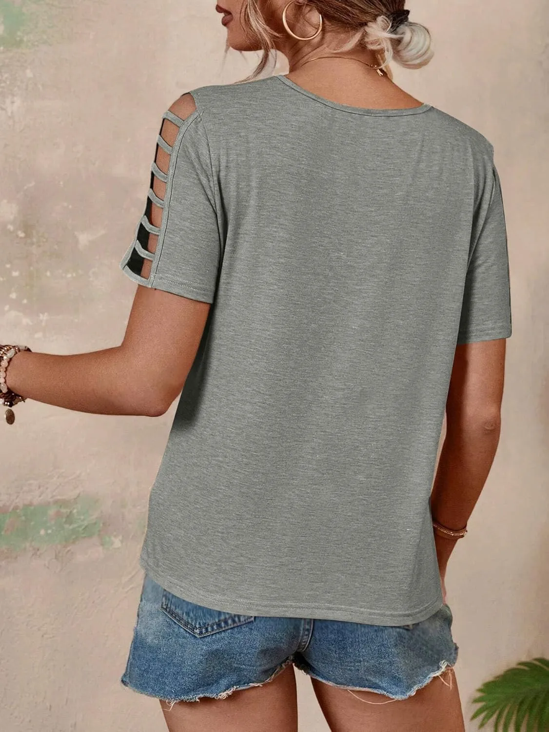Women's Spring V Neck T-Shirt Loose Fit Hollow Out Short Sleeve Casual Summer Basic Tops for 2025 Beach Vacation