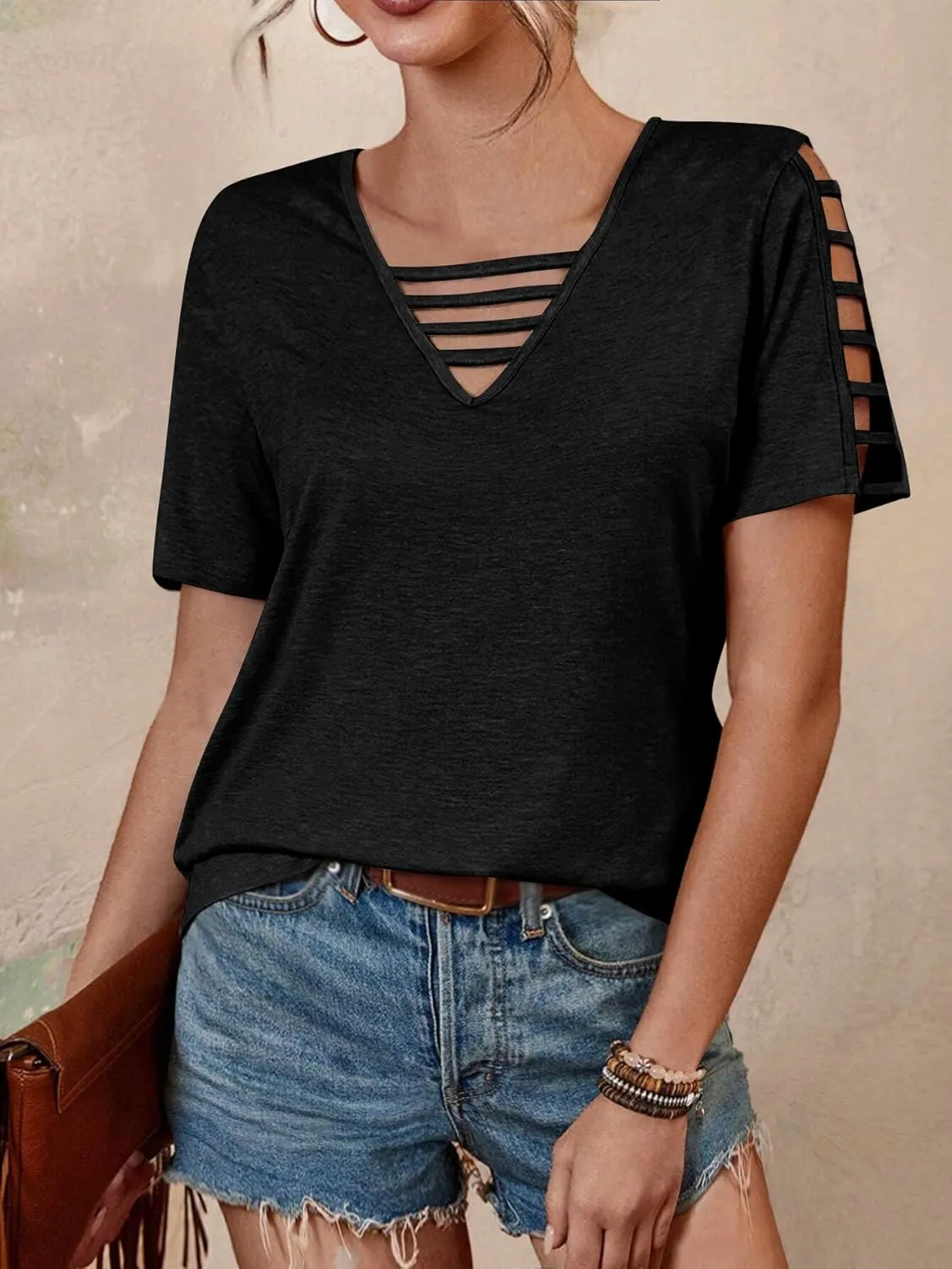 Women's Spring V Neck T-Shirt Loose Fit Hollow Out Short Sleeve Casual Summer Basic Tops for 2025 Beach Vacation