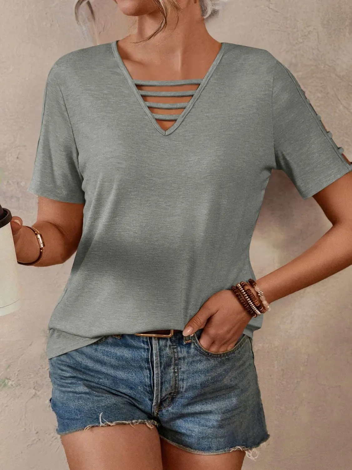 Women's Spring V Neck T-Shirt Loose Fit Hollow Out Short Sleeve Casual Summer Basic Tops for 2025 Beach Vacation