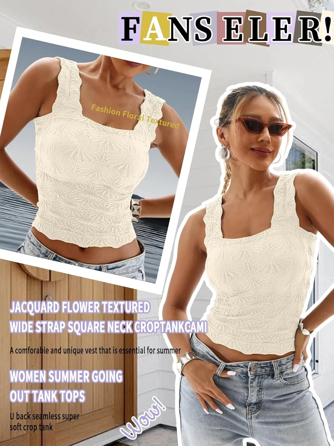 Women's Square Neck Tops Slim Fit Sleeveless Wide Strap Crop Tank Tops Lettuce Trim Crop Cami Tops with Floral Jacquard
