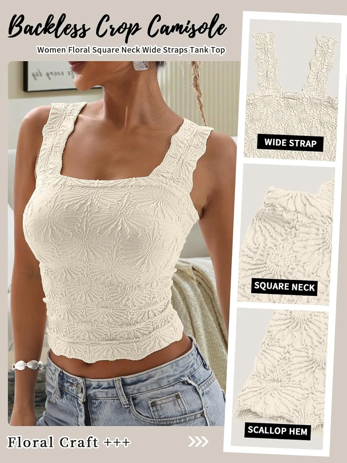 Women's Square Neck Tops Slim Fit Sleeveless Wide Strap Crop Tank Tops Lettuce Trim Crop Cami Tops with Floral Jacquard