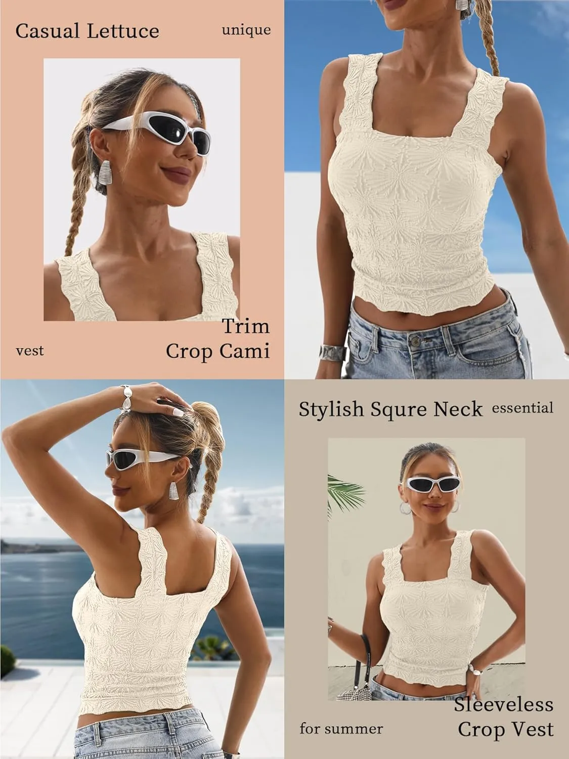 Women's Square Neck Tops Slim Fit Sleeveless Wide Strap Crop Tank Tops Lettuce Trim Crop Cami Tops with Floral Jacquard