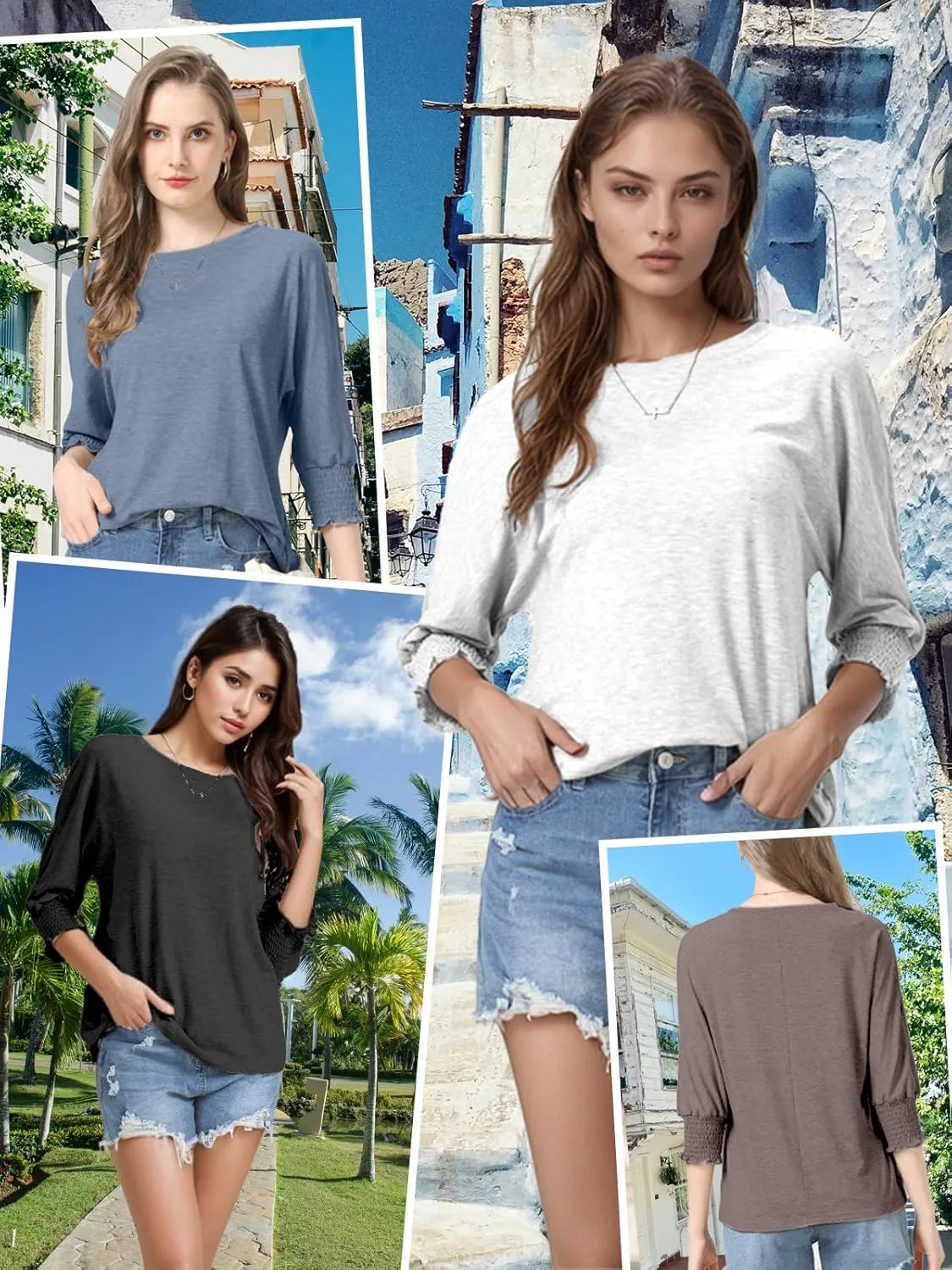 Womens Summer Blouse T-Shirts 3/4 Sleeve Tee Tops Crewneck Basic Business Tees Cute Loose Fit Going Out Shirts Blouses