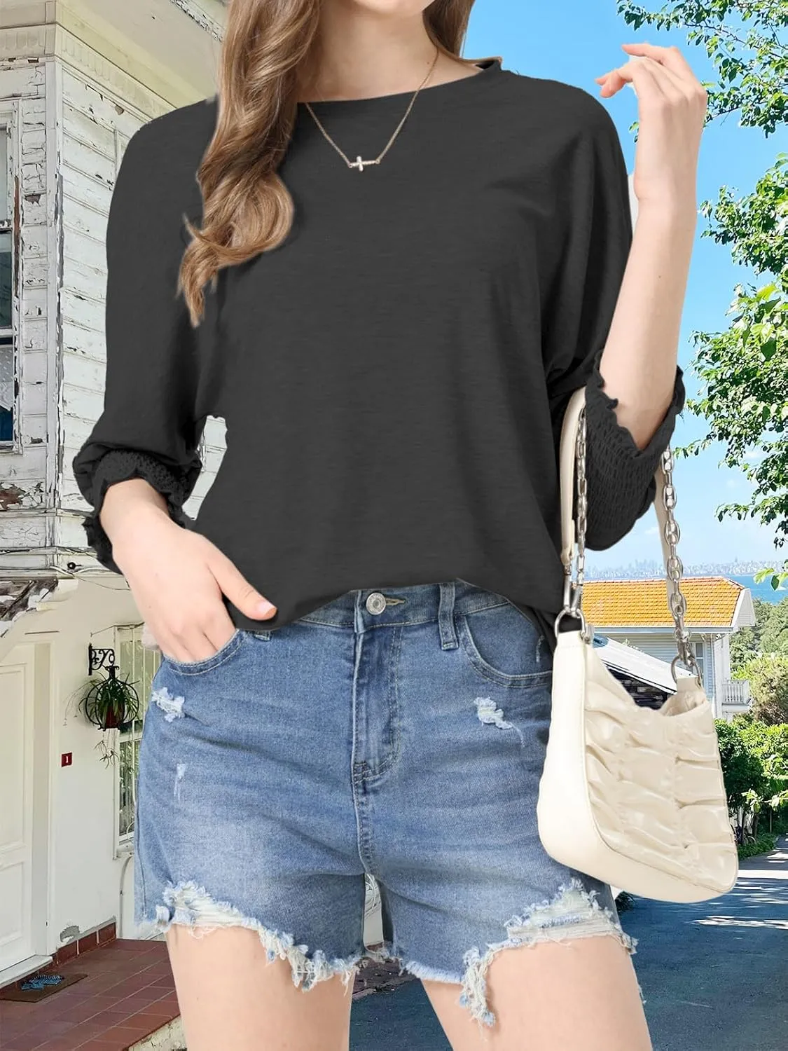 Womens Summer Blouse T-Shirts 3/4 Sleeve Tee Tops Crewneck Basic Business Tees Cute Loose Fit Going Out Shirts Blouses