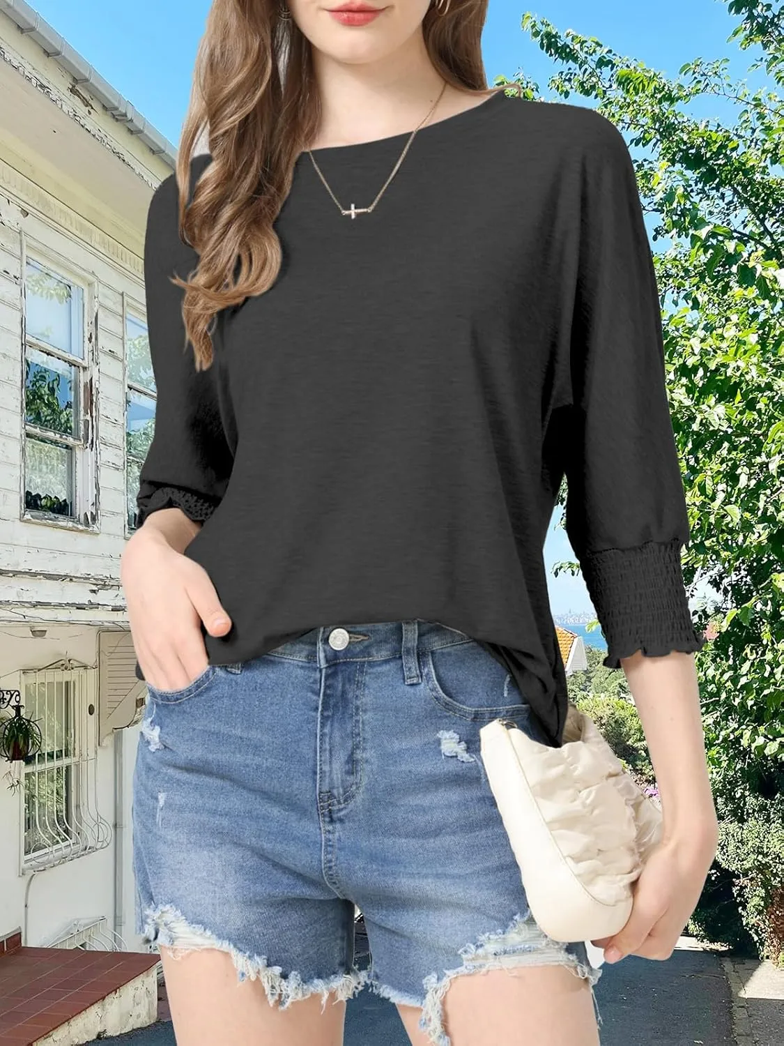 Womens Summer Blouse T-Shirts 3/4 Sleeve Tee Tops Crewneck Basic Business Tees Cute Loose Fit Going Out Shirts Blouses