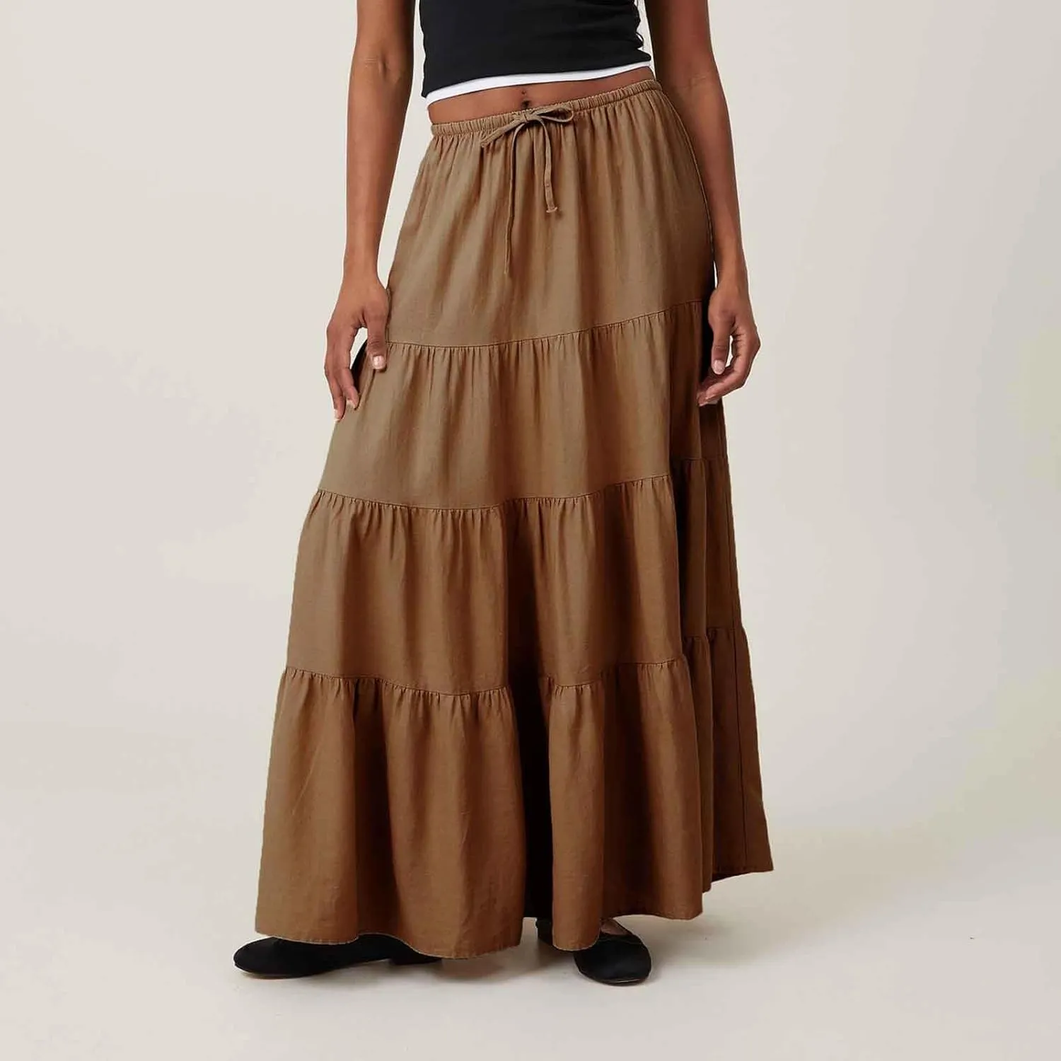 Women's Summer Boho Vacation Beach A-Line Midi Skirt Pleated Ruffle Drawstring Elastic High Waist Tiered Flowy Skirts