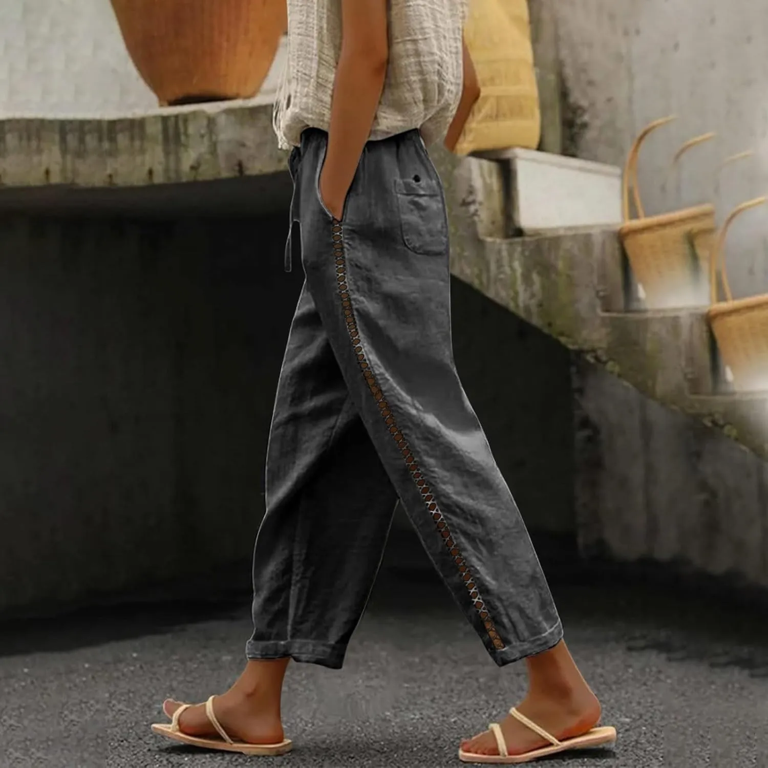 Women's Summer Casual Linen Pants Linen Elastic Seven Pants Beach Casual Pants Linen Petite Linen Pants for Women