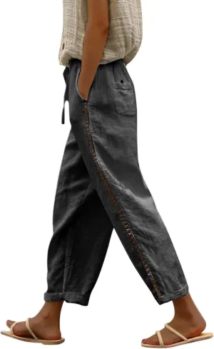 Women's Summer Casual Linen Pants Linen Elastic Seven Pants Beach Casual Pants Linen Petite Linen Pants for Women