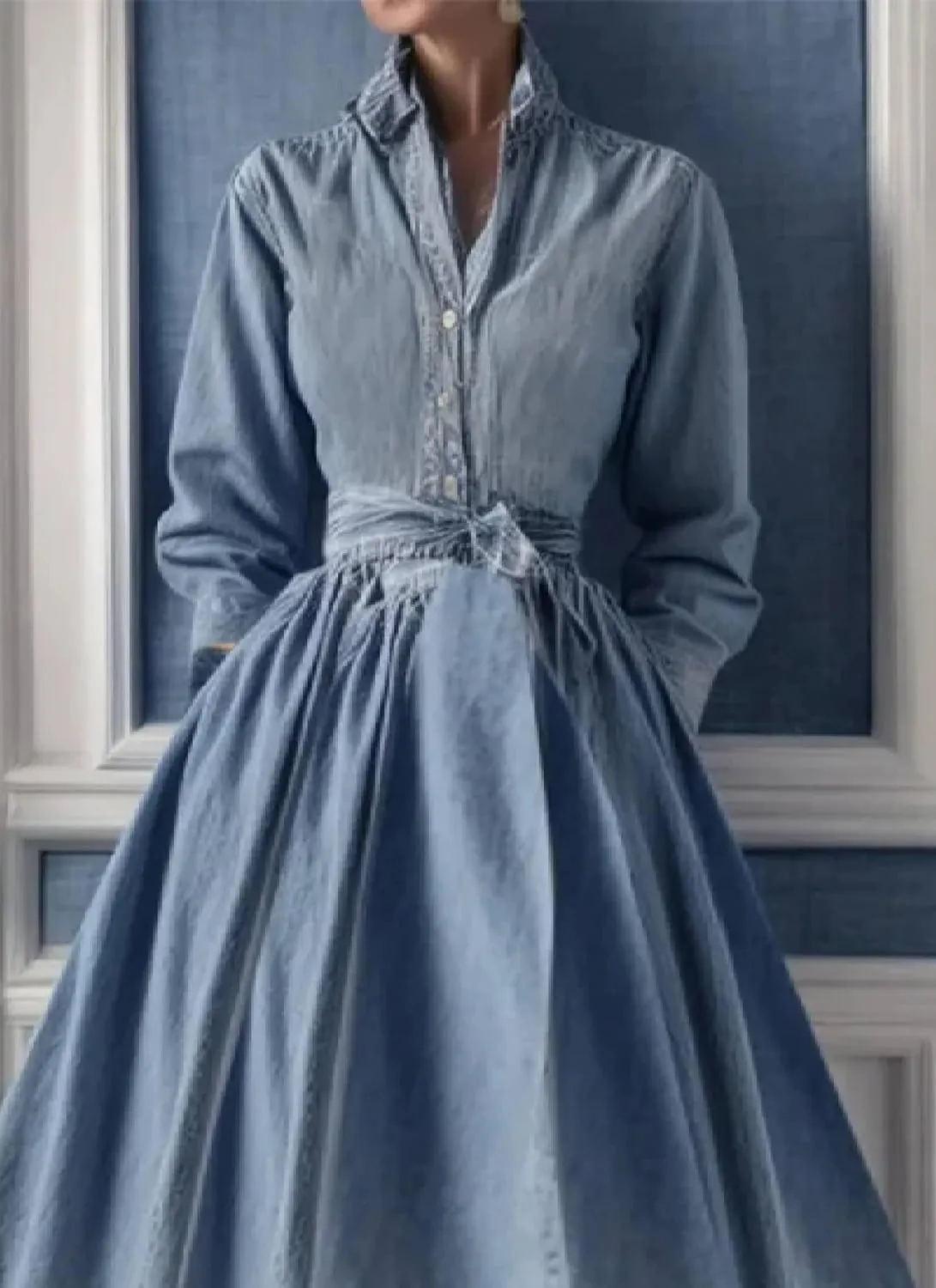 Women's Summer Denim Maxi Dress with Belt Spring Collared Long Sleeve Button Down Shirt Dress Classic A-Line Long Dress