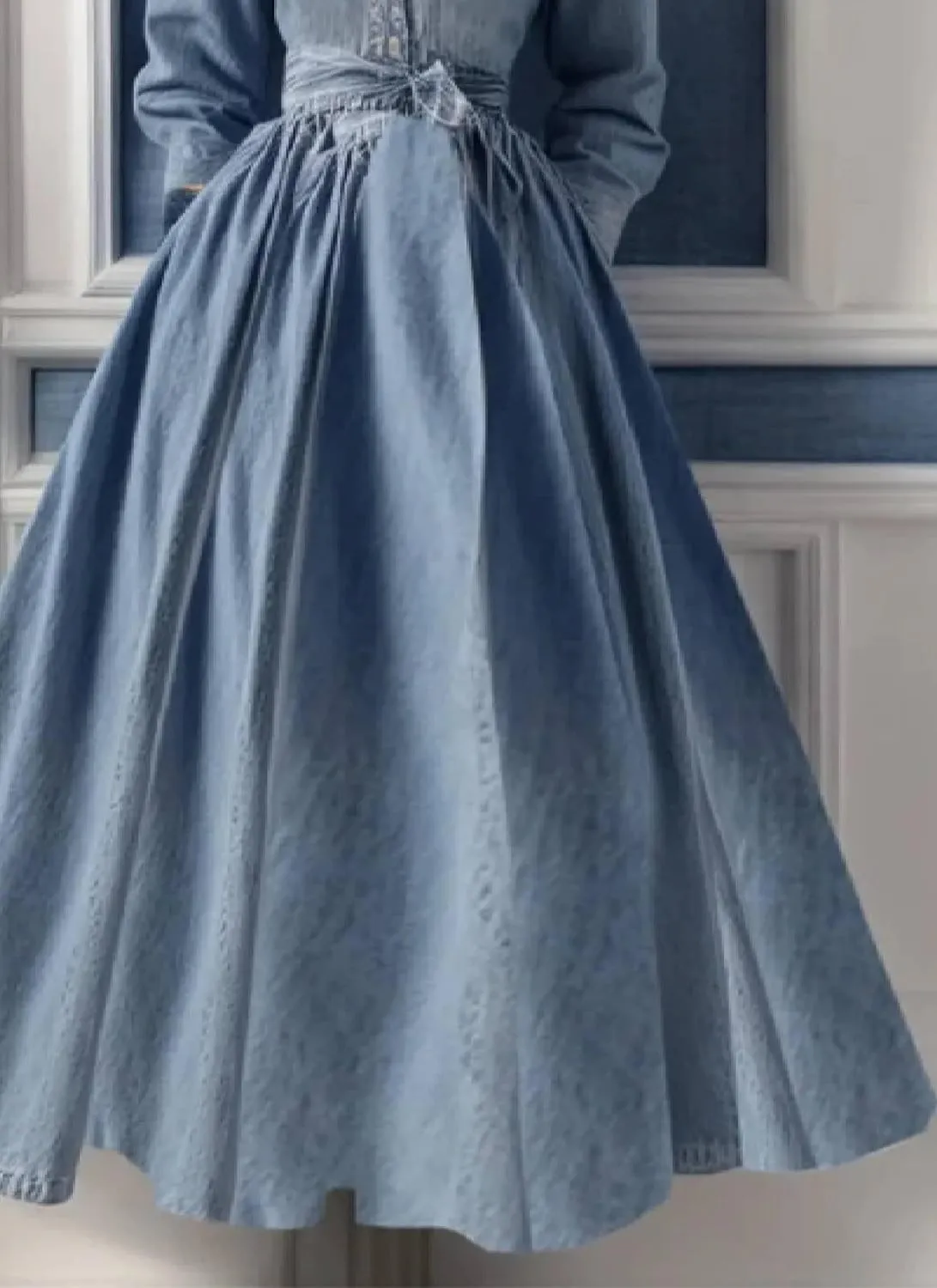 Women's Summer Denim Maxi Dress with Belt Spring Collared Long Sleeve Button Down Shirt Dress Classic A-Line Long Dress