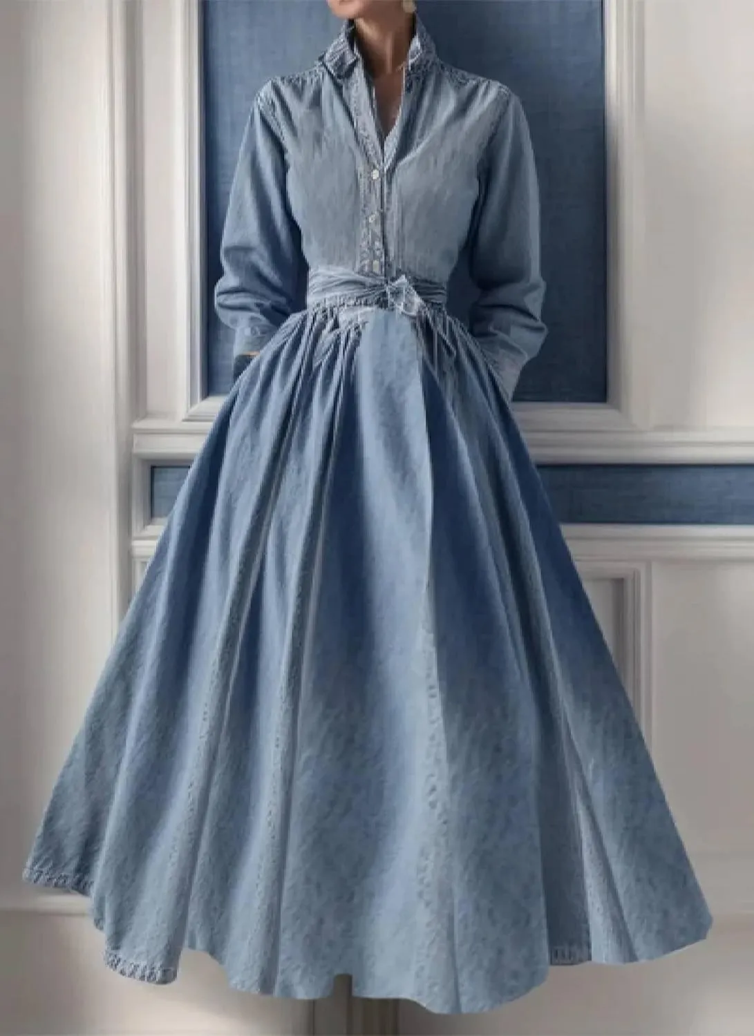 Women's Summer Denim Maxi Dress with Belt Spring Collared Long Sleeve Button Down Shirt Dress Classic A-Line Long Dress
