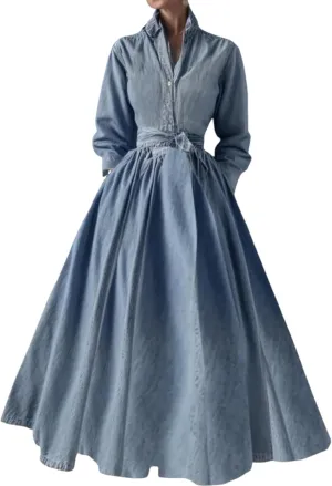 Women's Summer Denim Maxi Dress with Belt Spring Collared Long Sleeve Button Down Shirt Dress Classic A-Line Long Dress