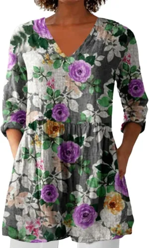 Womens Summer Fall Fashion 3/4 Length Sleeve Tops V Neck Causal Floral Vintage Beach Vaction Dress Tee Shirts Blouses