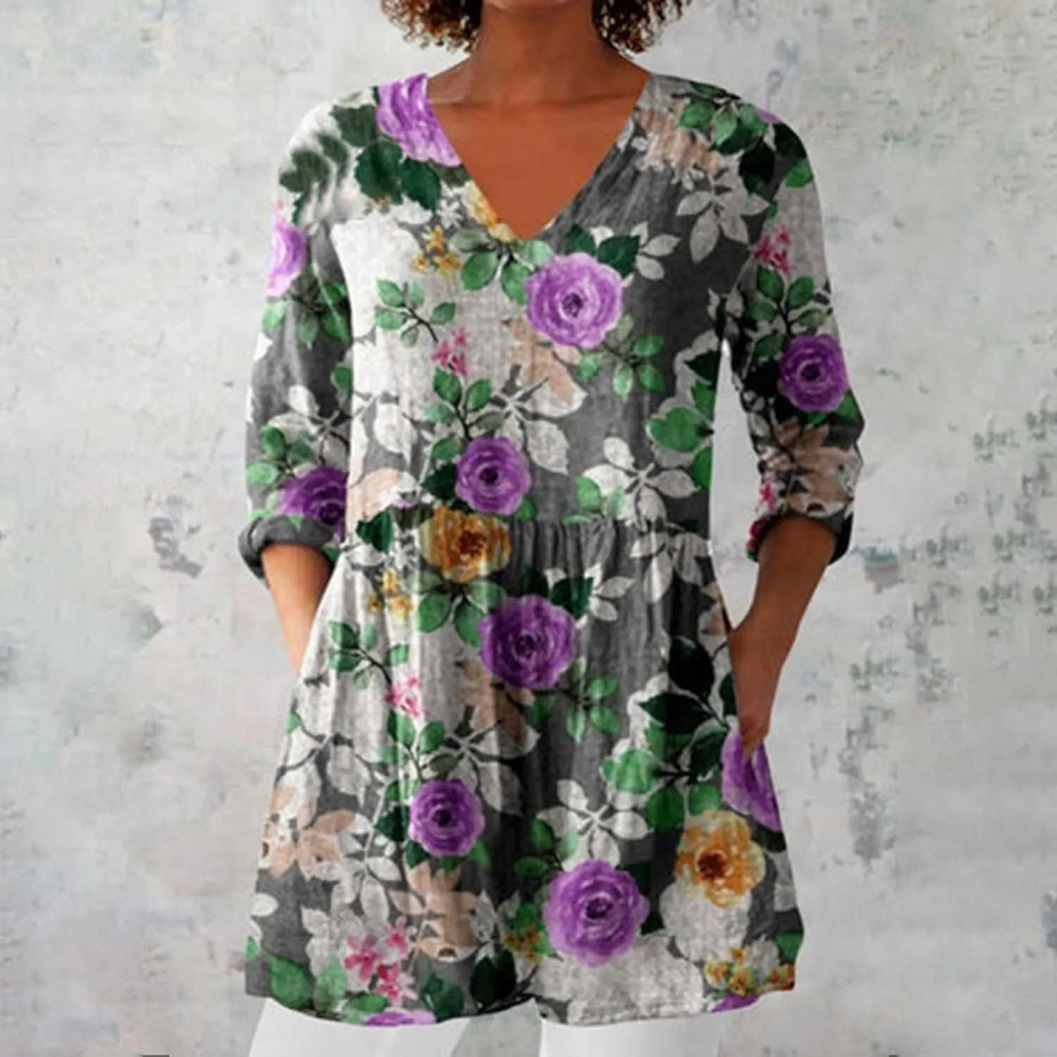 Womens Summer Fall Fashion 3/4 Length Sleeve Tops V Neck Causal Floral Vintage Beach Vaction Dress Tee Shirts Blouses