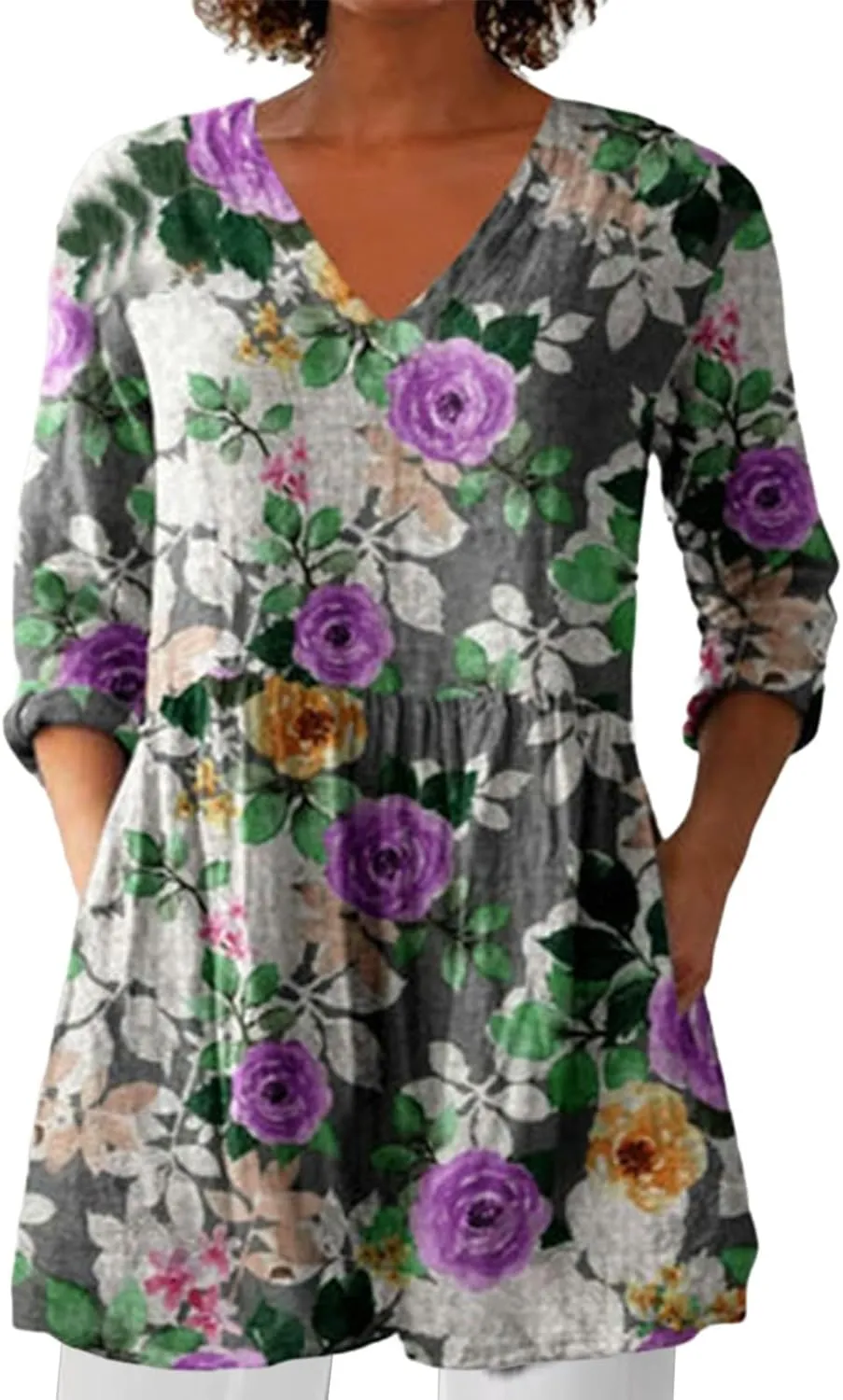 Womens Summer Fall Fashion 3/4 Length Sleeve Tops V Neck Causal Floral Vintage Beach Vaction Dress Tee Shirts Blouses