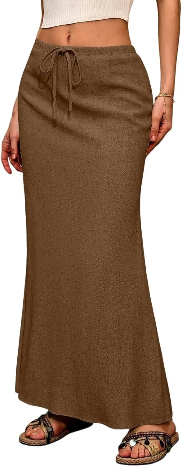 Womens Summer Maxi Skirt Drawstring High Elastic Waist Skirts Linen Flared Skirt Slim Fitted Going Out Casual Midi Skirts