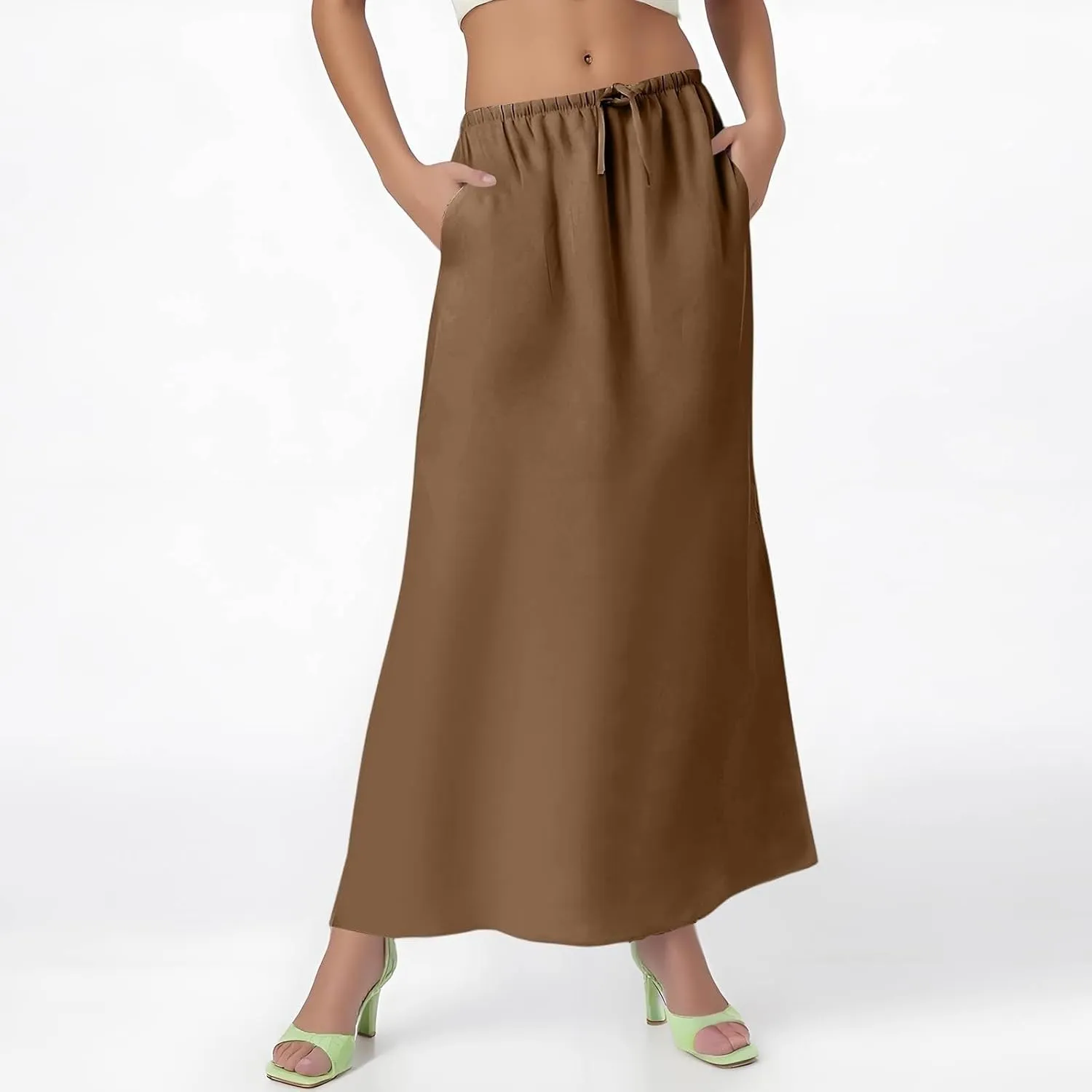 Womens Summer Maxi Skirt Drawstring High Elastic Waist Skirts Linen Flared Skirt Slim Fitted Going Out Casual Midi Skirts