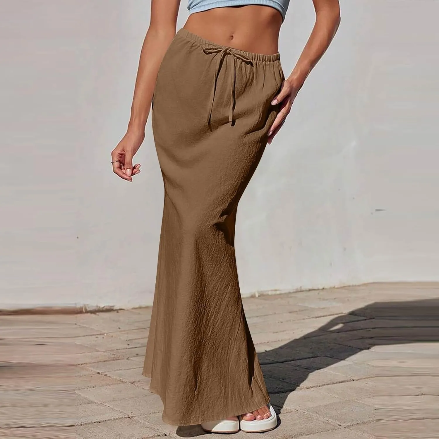 Womens Summer Maxi Skirt Drawstring High Elastic Waist Skirts Linen Flared Skirt Slim Fitted Going Out Casual Midi Skirts