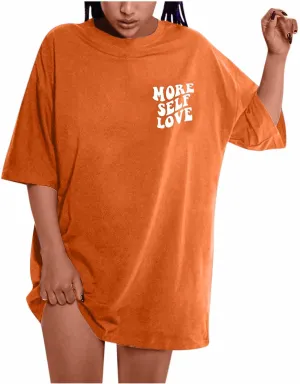 Women's Summer Short Sleeve Round Neck T Shirts Funny Letter Print Shirts More Self Love T-Shirt Oversized Graphic Tee Tops