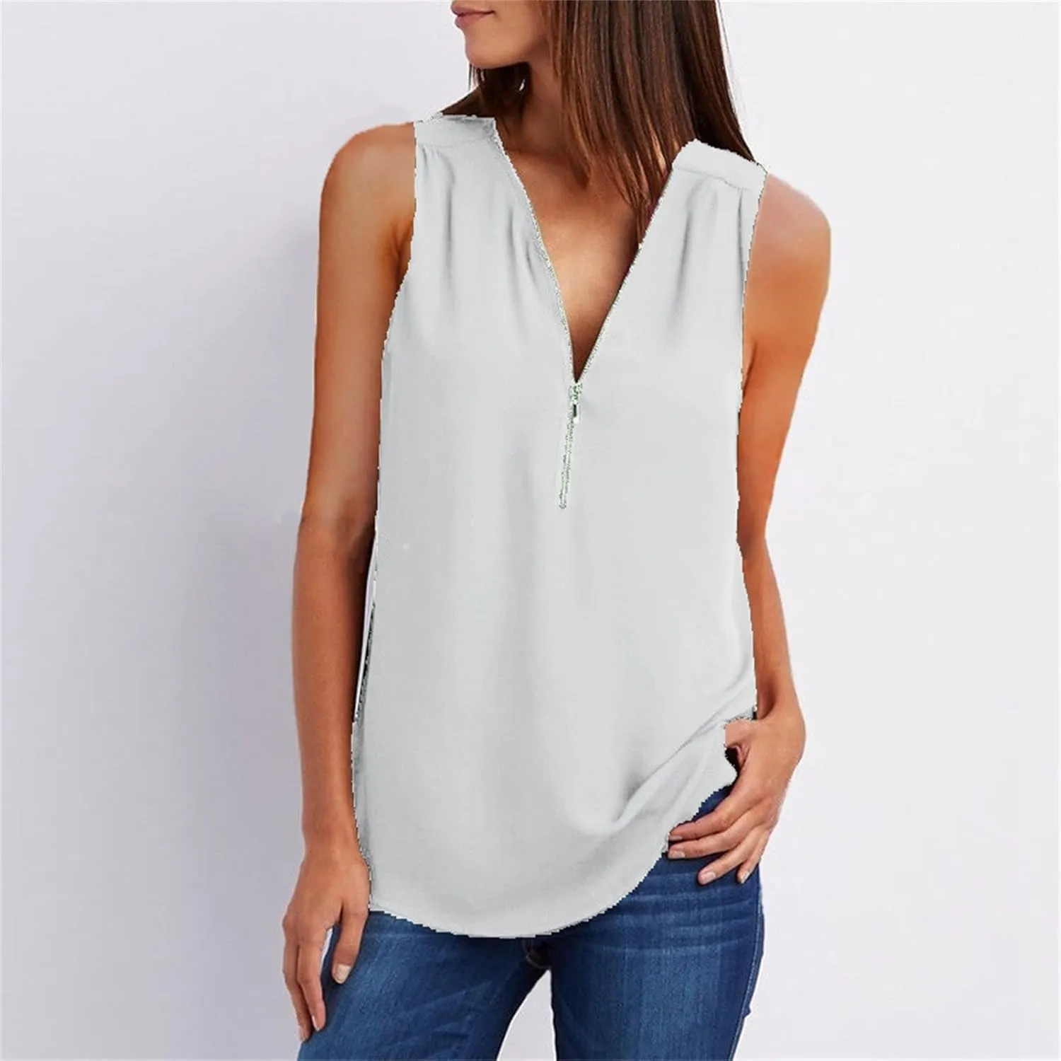 Women's Summer Sleeveless Tank Tops Zipper V Neck Dressy Casual Blouses Loose Business Polo Shirts