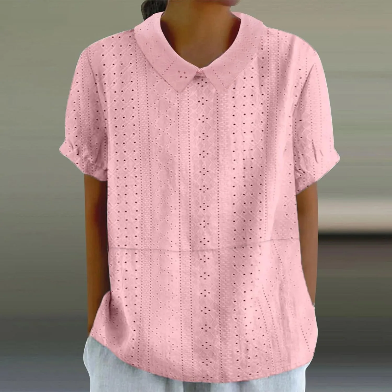Womens Summer T Shirts Hollow Out Lace Embroidered Lapel Collar Short Sleeve Loose Casual Blouse Daily Work Dress Top
