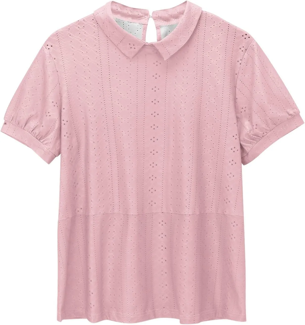 Womens Summer T Shirts Hollow Out Lace Embroidered Lapel Collar Short Sleeve Loose Casual Blouse Daily Work Dress Top