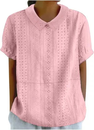 Womens Summer T Shirts Hollow Out Lace Embroidered Lapel Collar Short Sleeve Loose Casual Blouse Daily Work Dress Top