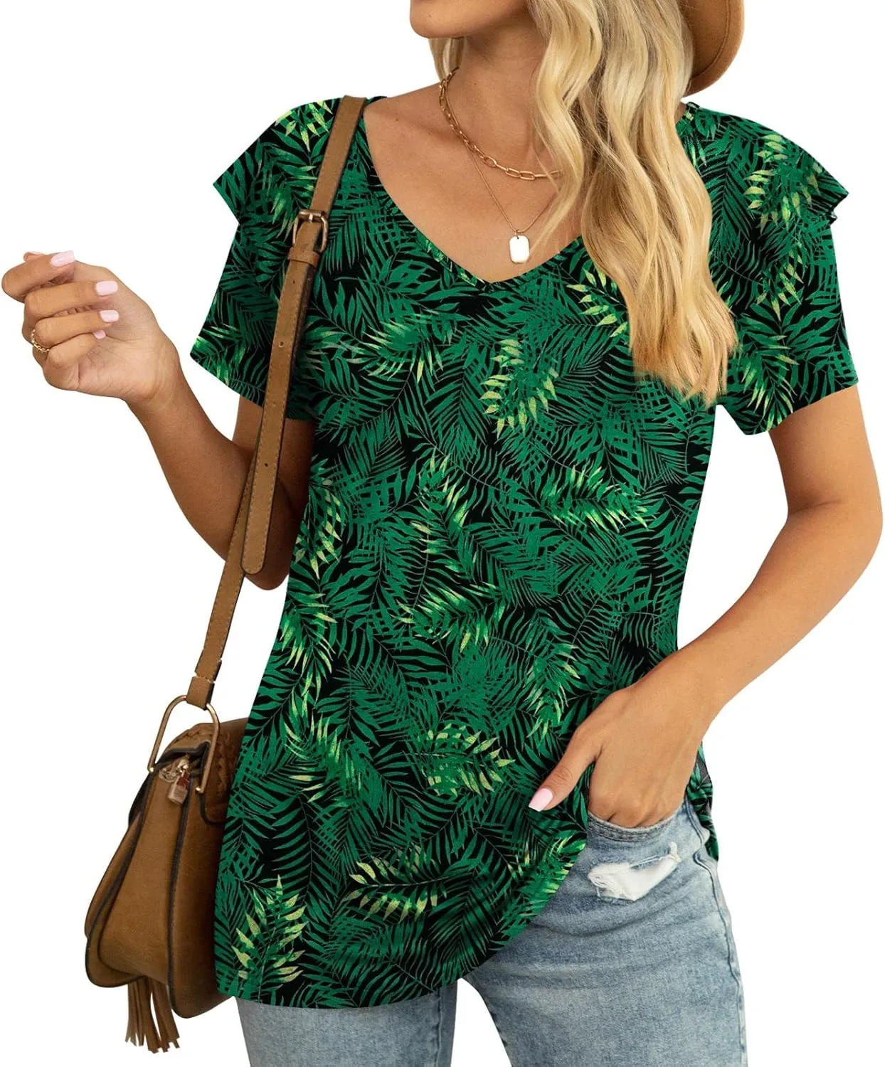 Womens Summer Tops Casual V Neck Ruffle Short Sleeve T Shirts Loose Fit Blouses