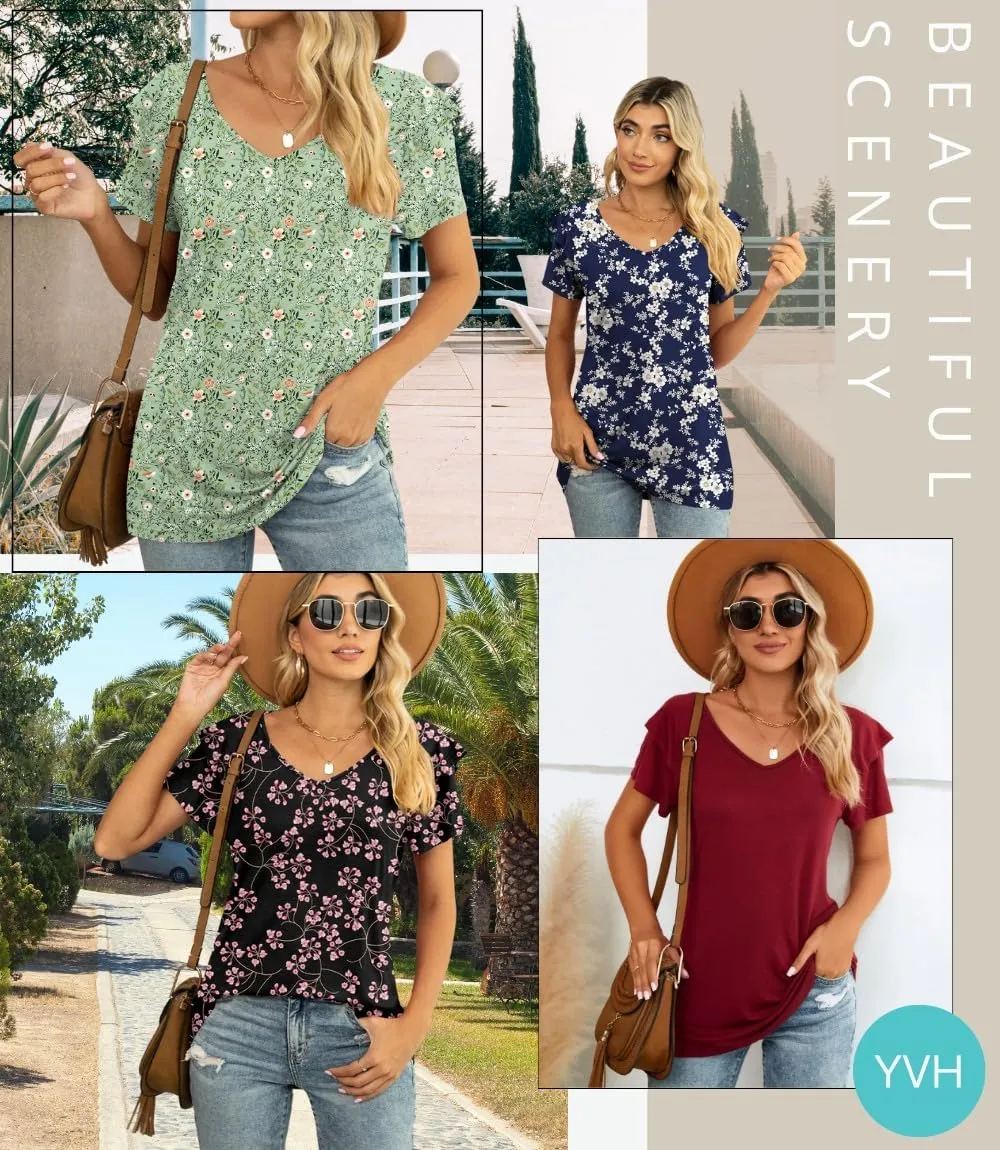 Womens Summer Tops Casual V Neck Ruffle Short Sleeve T Shirts Loose Fit Blouses