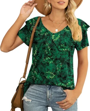 Womens Summer Tops Casual V Neck Ruffle Short Sleeve T Shirts Loose Fit Blouses