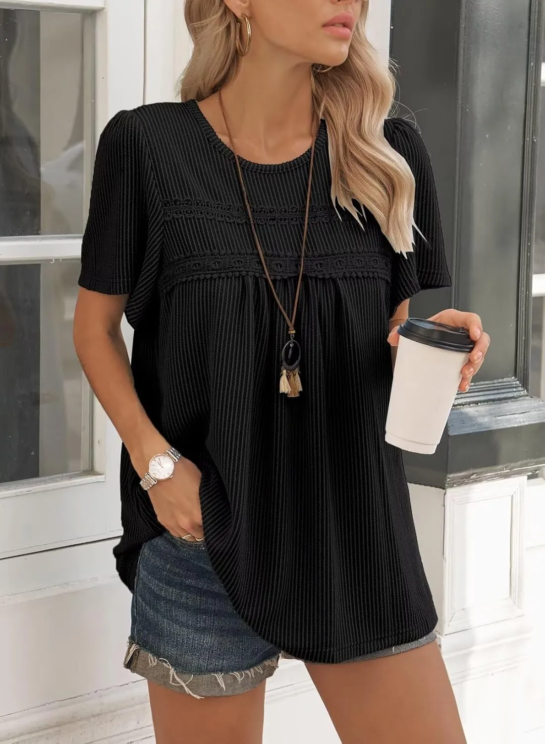 Womens Summer Tops Crewneck Short Sleeve Striped Shirts Casual Ribbed Blouses Flowy Hem Boho Clothing 2025